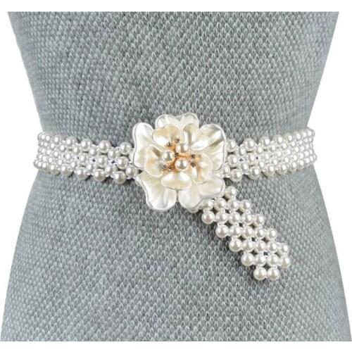 New Ladies Cute Rhinestone Crystal White Pearl Belt Female Bridal Flower Waist Belt for Women Wedding Dress