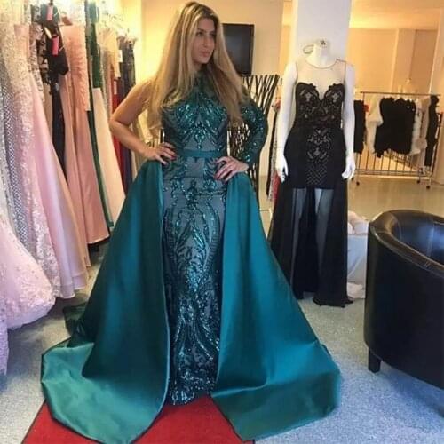 Dubai Evening Dress 2020 Luxury Green Sequeined One Shoulder Mermaid Long Train Satin Sexy Evening Gowns Plus Size LE4014