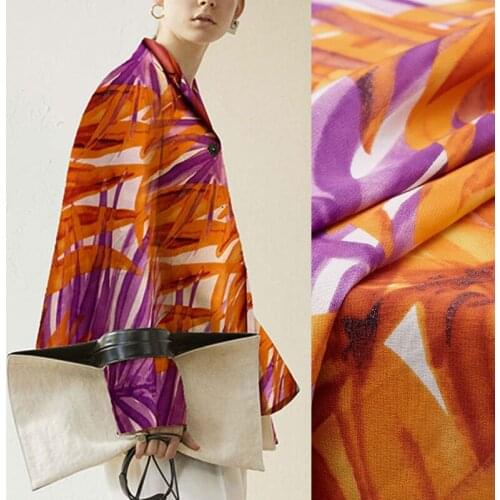 140CM Wide 14MM Orange Purple Leaves Print Silk Crepe de Chine Fabric for Summer Dress Shirt Scarf Cheongsam Pants Suit C028