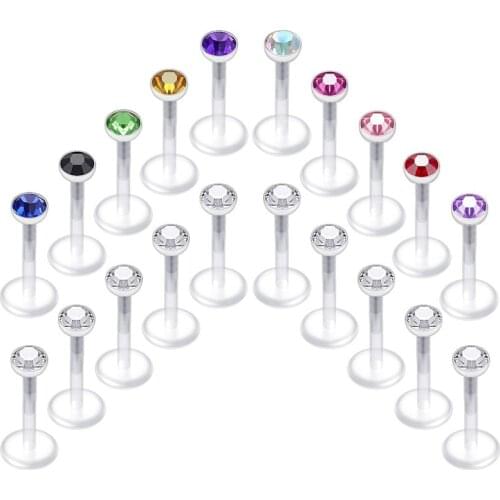 20pcs 16g Clear Lip Rings Flexible Earrings Labret Jewelry Medusa Monroe Piercing Jewelry 2.5mm CZ 6mm 8mm 10mm Bar