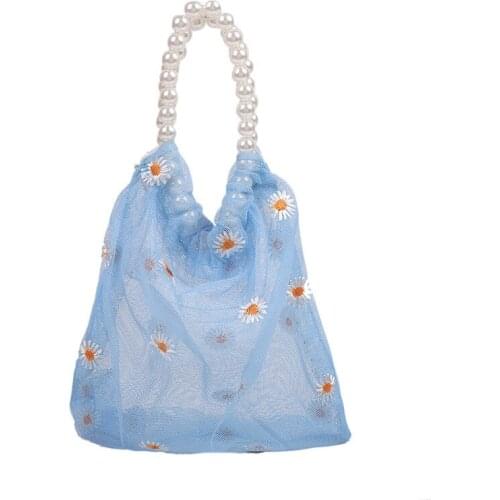 2021 Summer Knitted Transparent Flowers Portable Handbag Pearl Portable Mesh Embroidery Womens Beach Bags clear purses handbags
