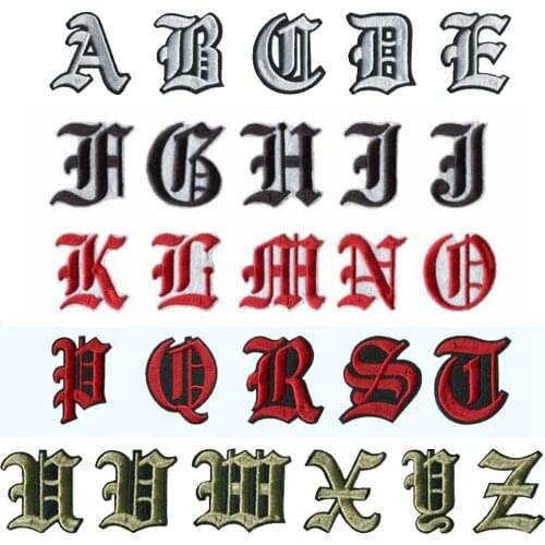 3D Iron On Embroidery Patch Gold White Black Red Silver Sewing on Archaic Script Font Alphabet Letter Sticker Badge For Clothing