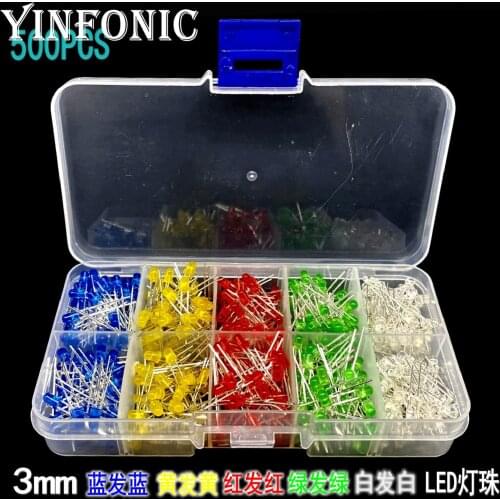 5 colors x100pcs F3 3mm Red blue yellow green white DIP LED lamp beads kit box