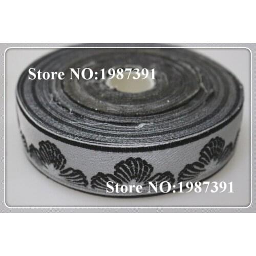 5yards/lots Woven Jacquard Ribbon 3cm silver background black flowers pattern LS-5429