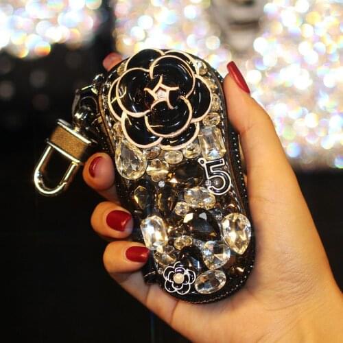 Camellia Diamond Cartoon Car Key Case Cute Leather Key Wallet Crystal Rhinestones Auto Key Holder Cover For Women Girls Gifts