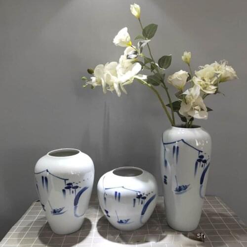Ceramic Antique Ink Handpaint Blue and White Vase Ornaments Arrangement Dried Flower Entrance Home Decoration