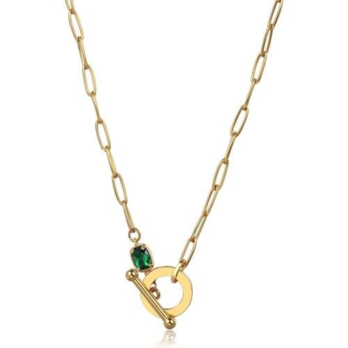 Chic Choker For Women Necklace Gold Color Paperclip Chain Green Stone Stainless Steel Cable Link Gift Jewelry LDN277L14