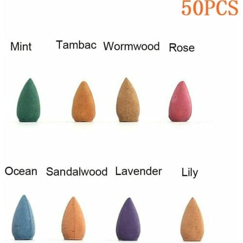 50pcs Cones Incense for Backflow Burner Accessories Natural Sandalwood Rose Lavender Flower Colorful Bullet Shape Incense