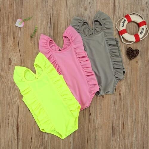 1-6Y Fashion Toddler Baby Boys Girls Kids Sleeveless Backless Ruffles Solid Color Bodysuits Swimsuits Beachwear Bathing Swimwear
