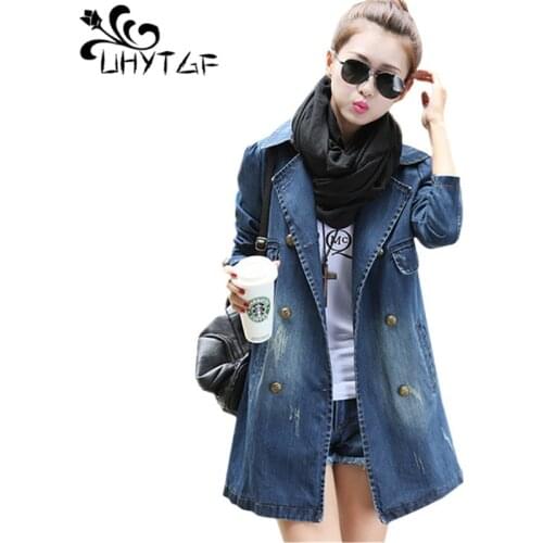 UHYTGF Spring Autumn Denim Jacket Women Long Coat Double-Breasted Casual Plus Size 4XL Jeans Jacket Elegant Female Basic Coat 72