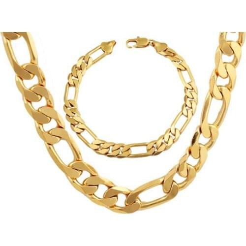 Mens Accessories Yellow Gold Filled Mens Necklace Bracelet Set Figaro Chain Set (24"+8.6")