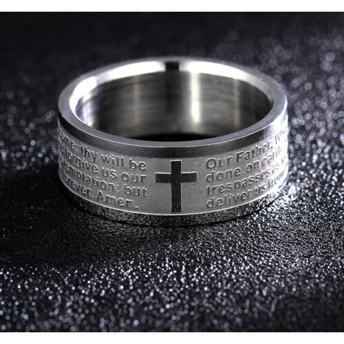 MANGOSKY English Titanium Steel Christian Cross Bible Ring for Men and Women Personalized Ring Customize Ring Engraved Ring