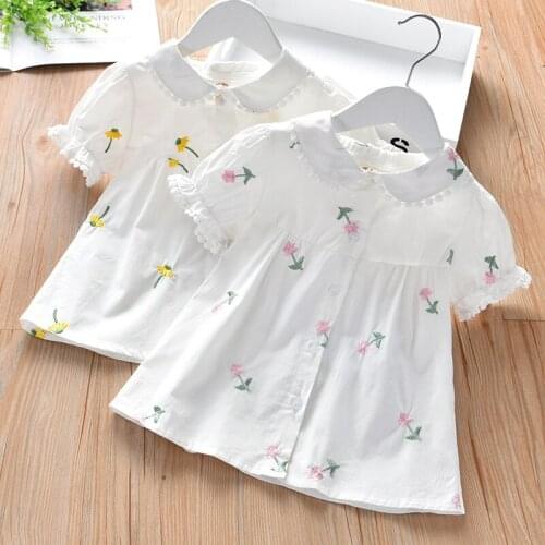 New Girls' Flower Cotton Long-sleeved Shirt White Chest Embroidered Shirt Girls Blouse Kids Blouse White