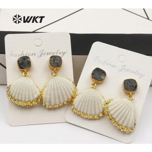 WT-E452 WKT Wholesale new design earrings square black stone studs with natural scallop shell pendant dangle earrings women gift
