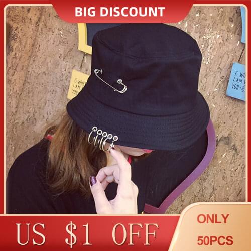 Unisex Bucket Hat with Pin Rings Summer Outdoor Foldable Sun Beach Cap Solid Color Women Men Panama Fisherman Hat