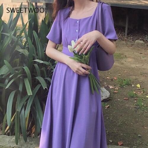 Dress Women Soft Purple Popular Summer Minimalist Female Midi Maxi Retro High Waist Skinny Square Collar Chiffon Pleated Leisure