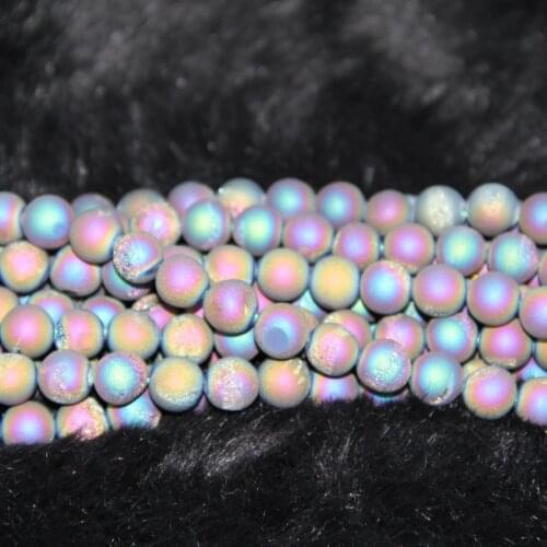 Full 2Strands Metallic Rainbow Titanium Necklace Beads, Quartz Crystal Round Druzy Stone Gems Stones Beads 15.5inch