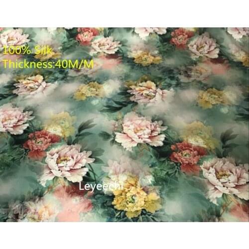 Thickness 40mm, 113 cm width luxury green digital print 100%silk satin fabric silk charmeuse fabric for Dresses Shirts Pajamas
