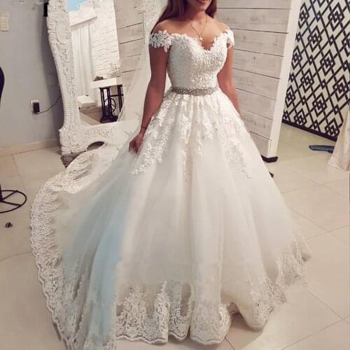Luxury Wedding Dresses With Crystal Belt Classic Boat Neck Lace Up Ball Gown Off The Shoulder Vestido De Noiva Customize