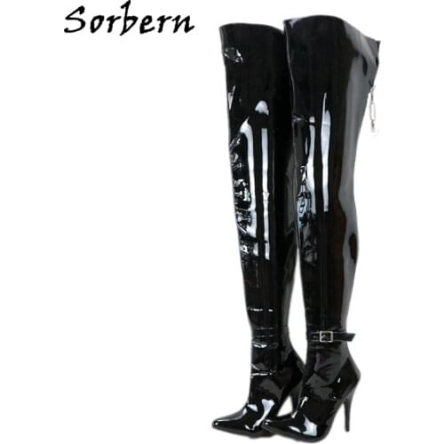 Sorbern Unisex 12Cm High Heel Boots Women Lockable Zipper Back Stilettos Mid Thigh High Boot Hard Shaft Ankle Strap Pointed Toe
