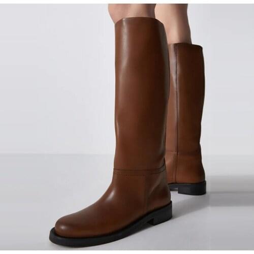 British Style Knee-high Boots Women Genuine Leather Round Toe Flat Knight Boots Riding, Equestrian Long Boot Brown Shoes Woman