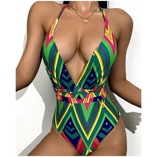 Sexy Deep V Womens Swimsuits 2021 One-piece Swimwear Woman Bathing Suits Halter Top Beachwear Swimming Suit for Female Monokini