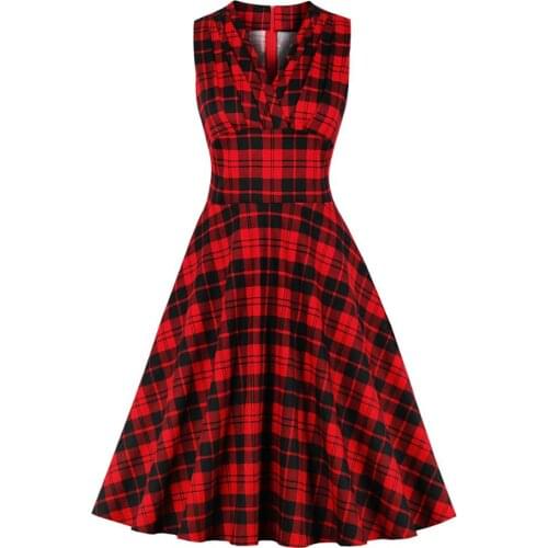 Sexy V Neck Cotton Women Summer Dress VD1420 Retro Vintage 50s 60s Swing Red Plaid Dress Elegant A Line Party Dress