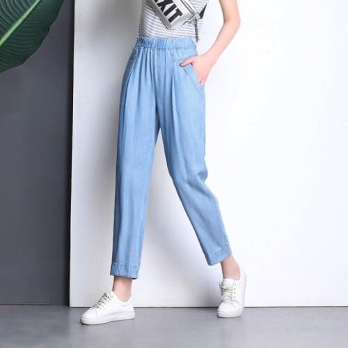 Women Tencel Jeans High Waist Female High Elastic Plus Size Jeans Casual Washed Denim Loose Pencil Pants