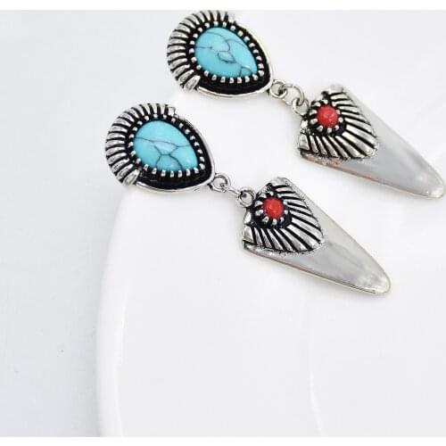 Fashion Vintage Tibetan Silver Natural Turquoise Stud Earrings Blue Red Gem Triangle Pendant Womens Earrings Boho Jewelry