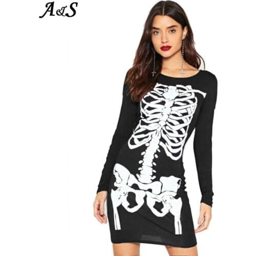 Anbenser New Halloween Dress Women Casual Punk Skinny Long Sleeves Skull Print Female Dresses Streetwear Black Female Vestidos