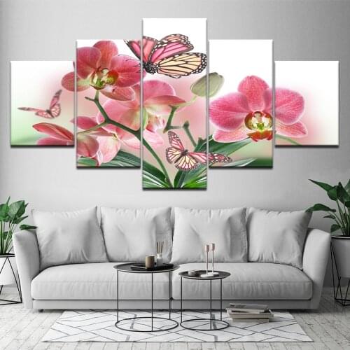 5 Panel Large Modern Modular Artwork Flower Butterfly Canvas Oil Painting Cuadros Wall Art Picture For Living Room Printed