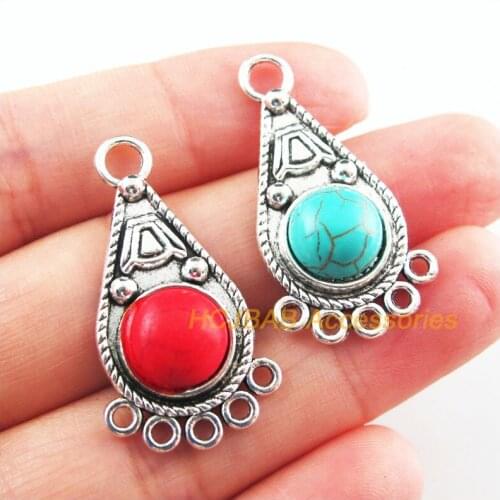 6Pcs Retro Tibetan Silver Tone Flower Teardrop Blue&Red Stone Charms Connectors 21x35mm