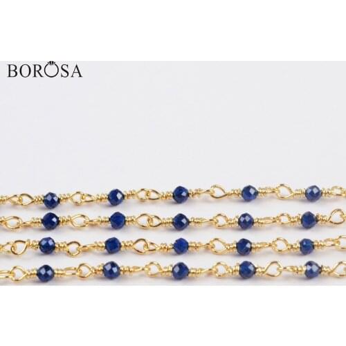 BOROSA 3Meters New 2mm Blue Glass Beads Faceted Brass Chains Glass Beads Chains Jewelry Accessories JT239