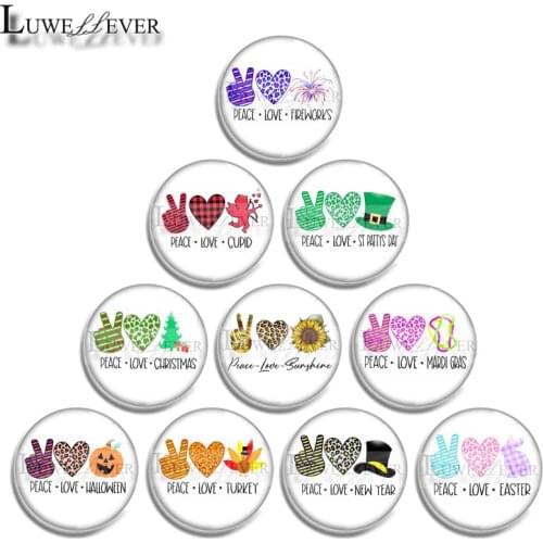12mm 14mm 16mm 20mm 25mm 30mm 647 Peace Love Mix Round Glass Cabochon Jewelry Finding 18mm Snap Button Charm Bracelet