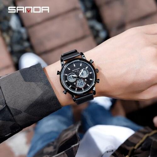 BASID New Top Brand Luxury Sport Men Watches Mens Mesh Belt Dual Display Waterproof Digital Quartz Date Clock Male Wrist Watch