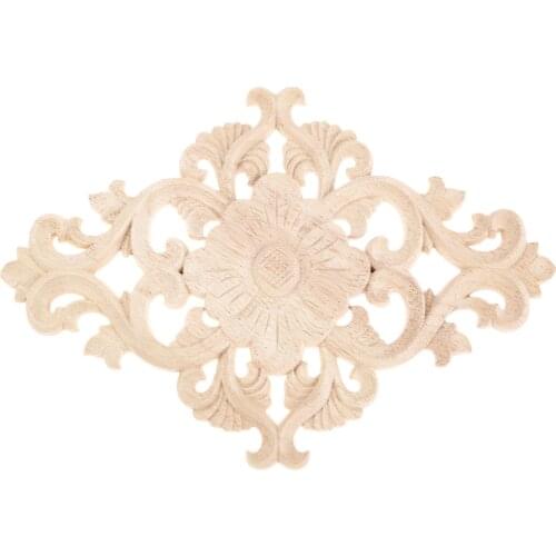 Wood Door Decals Elegant Unpainted Wooden Carved Onlay Applique Frame Home Wall Furniture Decor Figurines 21*15cm 3D Flower