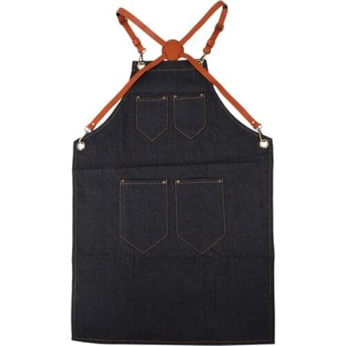 Denim Bib Apron Leather Strap Barista Baker Work Uniform Bartender Bbq Chef Cook