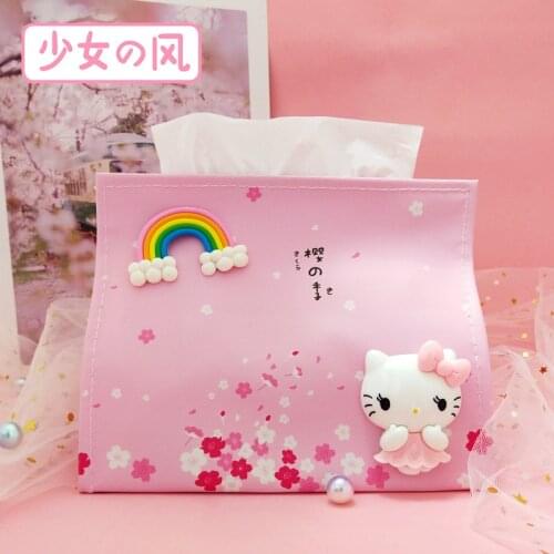 INS Girly Style Cute Tissue Box Household Paper Box Car Paper Holder Set Pu Desktop Cartoon Napkin Toilet Paper Holder