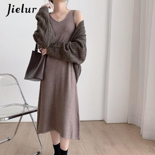 Jielur New Knitted Tank Dress V-Neck Solid 6 Colors Elegant Womens Dress Simple Casual OL Dresses for Women Spring Summer 2021
