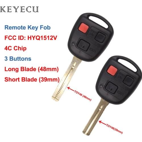 Keyecu Car Remote Key Fob 3 Buttons 4C Chip - 39mm / 48mm TOY48 Blade Optional - for Lexus GX470 LX470, FCC ID: HYQ1512V
