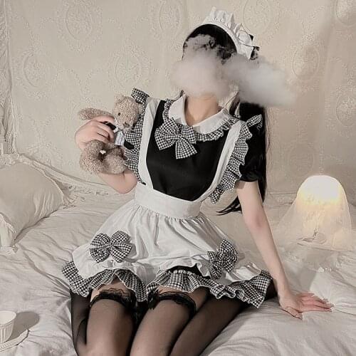 Lolita Cosplay Sexy Anime Maid Lingerie Costume Kawaii Black White Grid Plus Size Outfit Pleated Underwear Girl Dress For Women