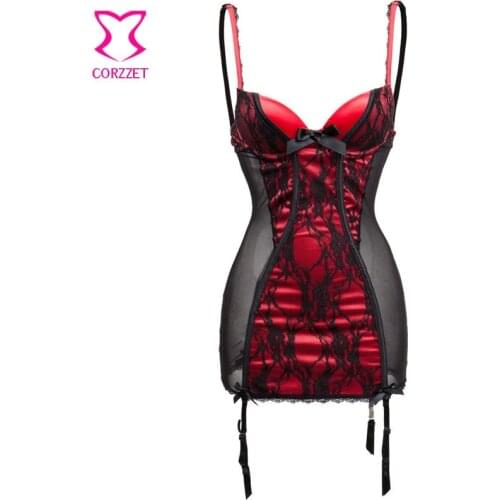 Red Satin&Black Floral Lace Mesh Chemise Erotic Lingerie Sexy Underwear For Women Nightwear Plus Size Lenceria Erotica Hot