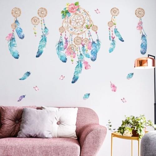Colorful Feather Wall Stickers Catch Monternet Dream Catcher Art Design Decal Home Decoration Living Room Kid Room Door Sticker