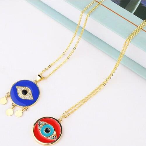 Round Coin Turkish Evil Eye Necklace Rainbow Cubic Zirconia Red Blue Eye Pendant Necklace Fashion Jewelry Womens Accessories
