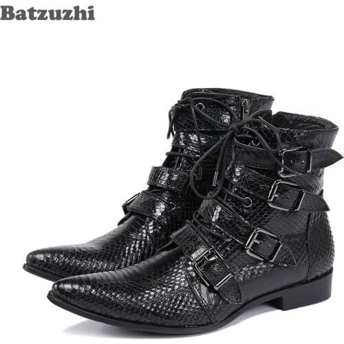 Batzuzhi Rock Western Cowboy Mens Boots Pointed Toe Black Genuine Leather Ankle Boots Buckles Zip Motorcycle Boots Men, 38-46