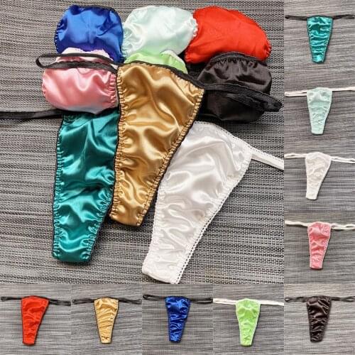 Mens Sexy Artificial Silk Briefs Bikini Low Waist Underwear Underpants Thong Mens Thongs Bump Pockets Silk Underwear 2021 New