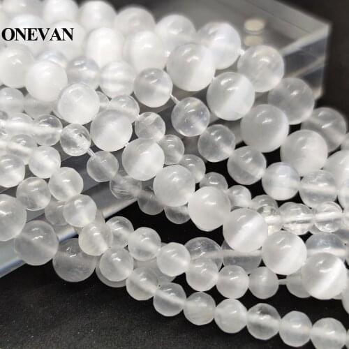 ONEVAN Natural White Selenite Calcite Beads Smooth Round Stone Bracelet Necklace Jewelry Making Diy Accessories Gift Design