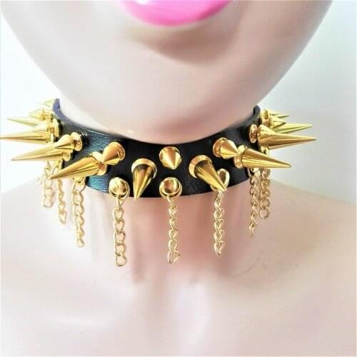 Fashion Harajuku Handmade Black genuie Leather Choker Necklace belt Gold-color Chains and Spikes Collar party club punk torque