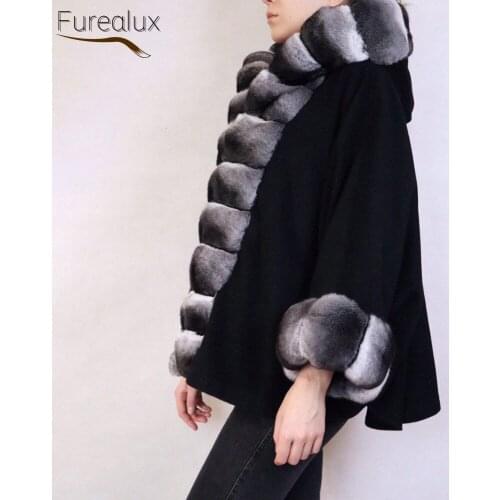 FUREALUX Natural Rex Rabbit Fur Collar Woolen Coat Autumn Winter Fashion High Quality Warm Womens Fur Cloak New Arrival 2021