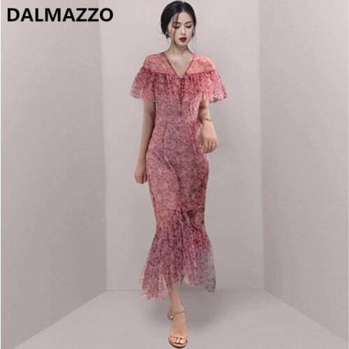 DALMAZZO Vintage Women V Neck Chiffon Print Floral Fishtail Long Dresses 2021 Summer Designer French Romantic Dress Vestidos XL